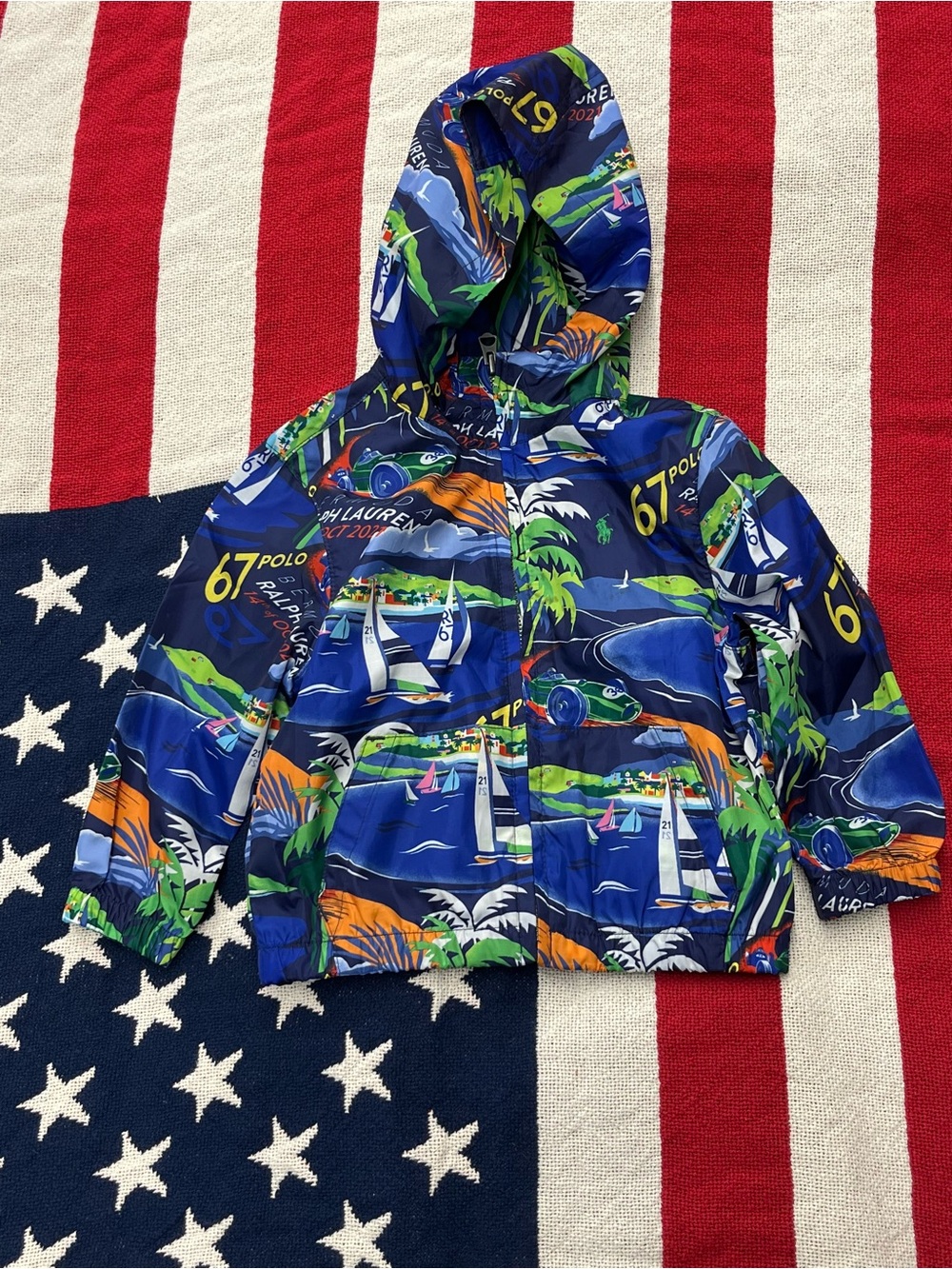Polo Ralph Lauren Blue Printed Hooded Windbreaker Jacket - Kids Size 2T